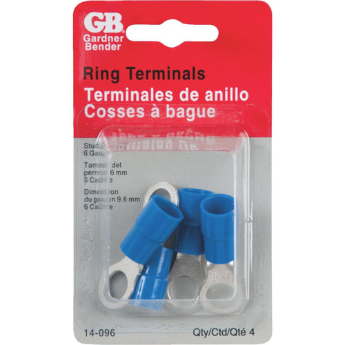 Gardner Bender 6 AWG 3/8 In. Stud Size Blue Vinyl-Insulated Barrel Ring Terminal (4-Pack)