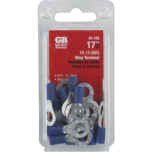 Gardner Bender 16 to 14 AWG #12 to 1/4 In. Stud Size Blue Vinyl-Insulated Barrel Ring Terminal (17-Pack)